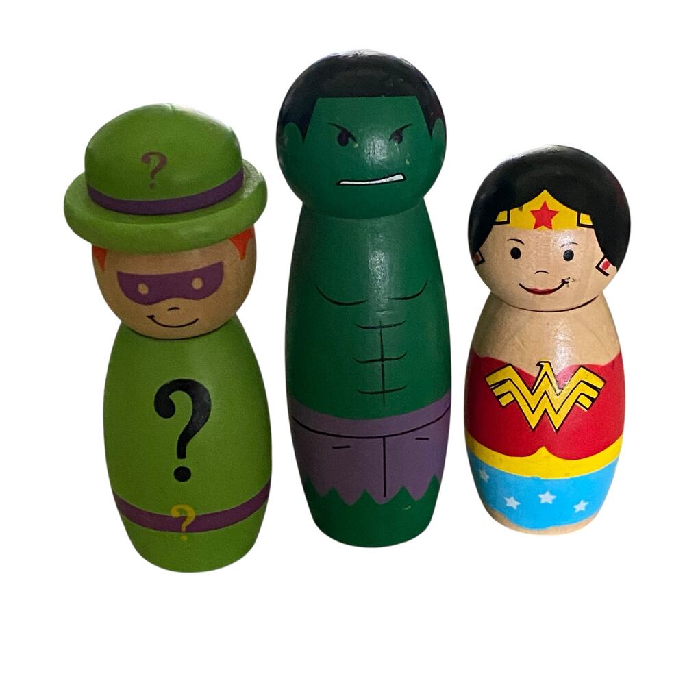 Pottery Barn Collectors Wooden Action Figures Wonder Woman, Hulk, Riddler Marvel